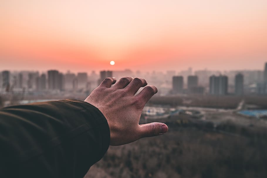 Person Reaching Out, city, dawn, hand, macro, sun, sunrise, sunset HD wallpaper