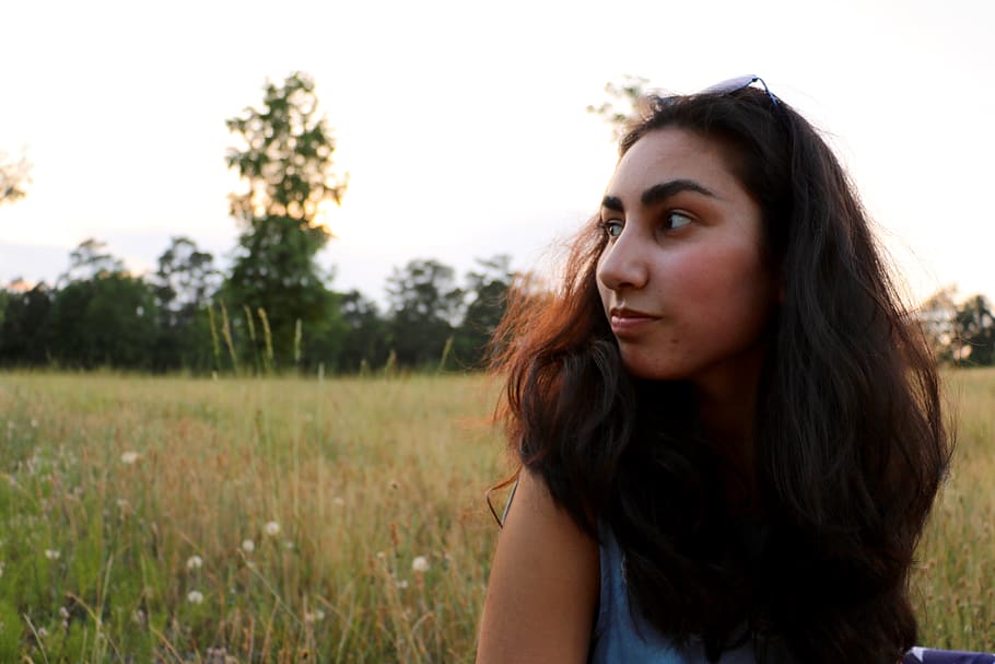 sunset, picnic, summer, field, long hair, young adult, one person HD wallpaper