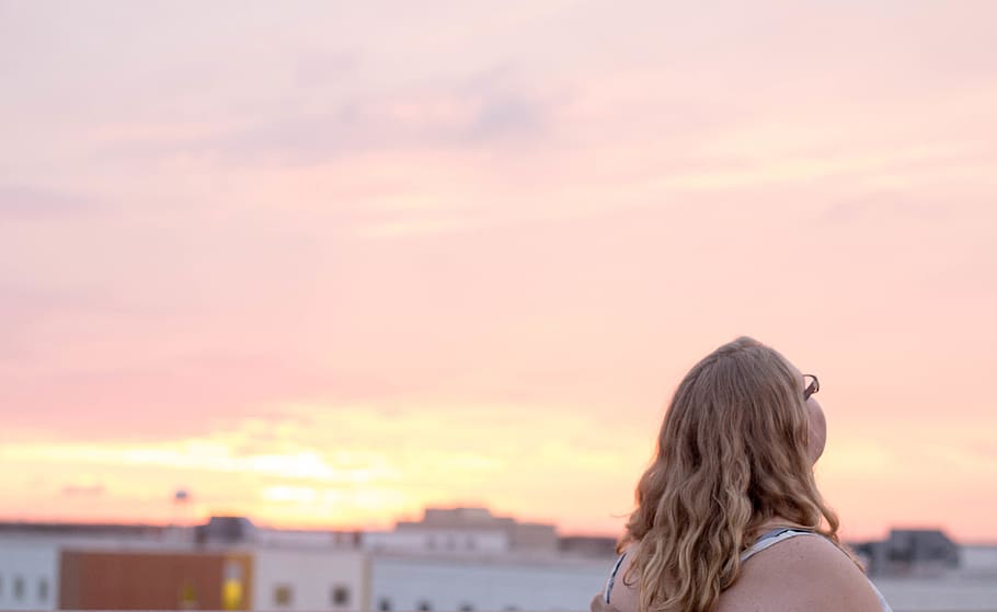 sky, sunset, one person, headshot, women, long hair, portrait HD wallpaper