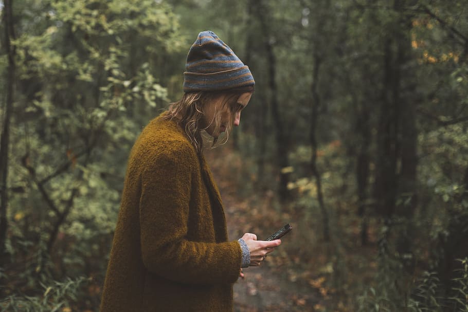 Woman Texts During Autumn Hike Photo, Fall, Earth, Outdoor, Hiking
