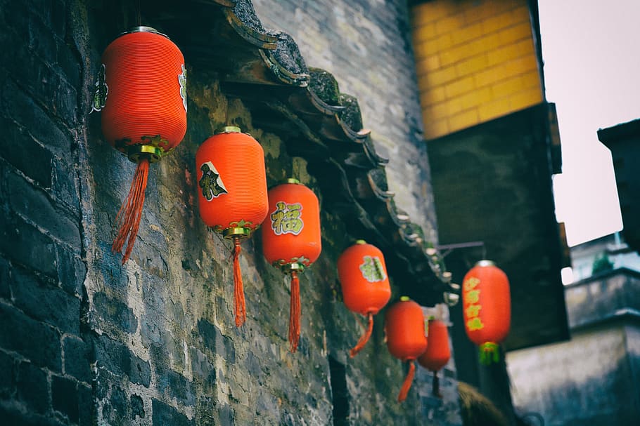 red Chinese lanterns, building exterior, architecture, built structure HD wallpaper