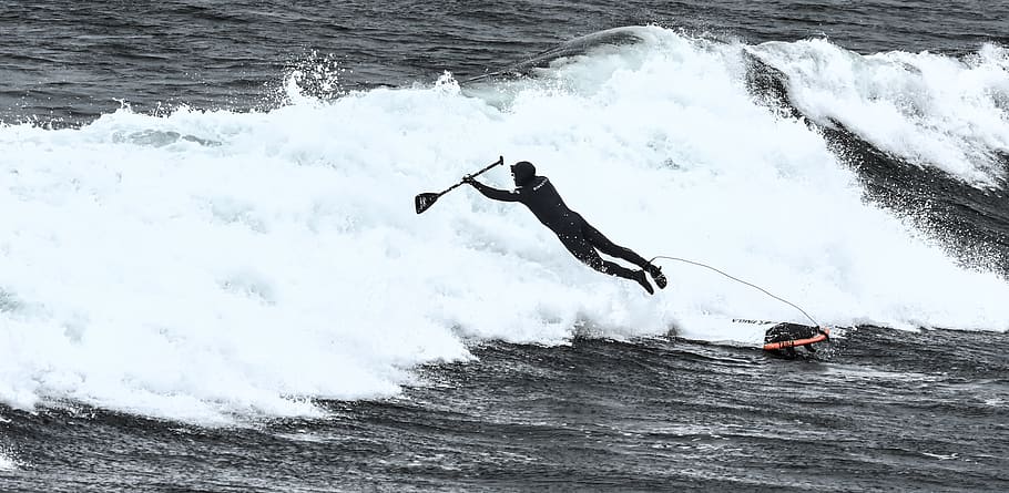 man riding surfboard, motion, sea, water, sport, wave, aquatic sport HD wallpaper