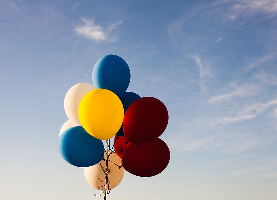 colorful, balloon, clouds, sky, low angle view, cloud - sky HD wallpaper