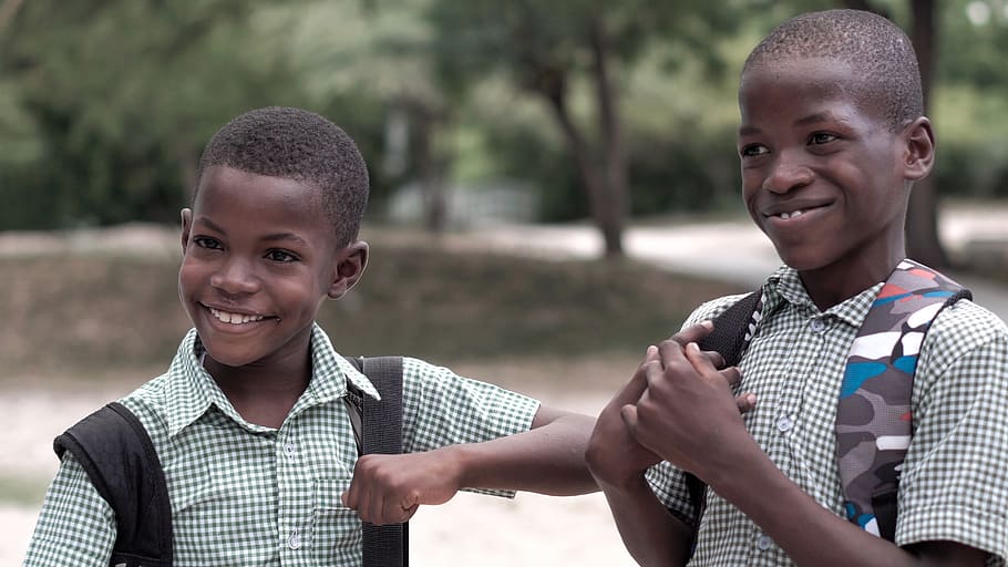 2 smiling boys in uniform, child, childhood, men, portrait, males HD wallpaper