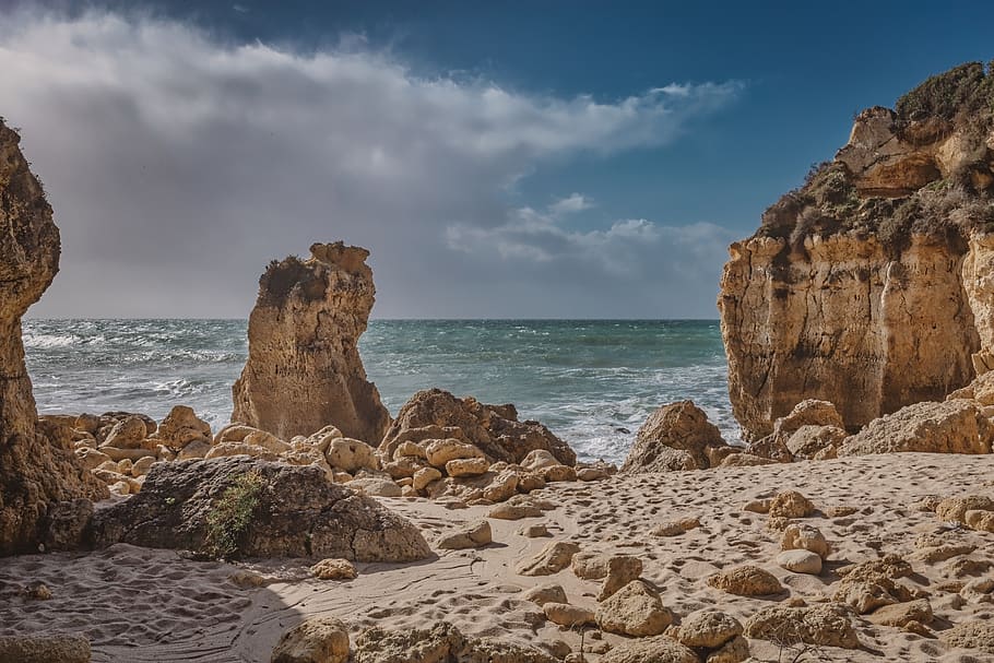 beach, stone, water, coast, ocean, sky, landscape, travel, sand HD wallpaper