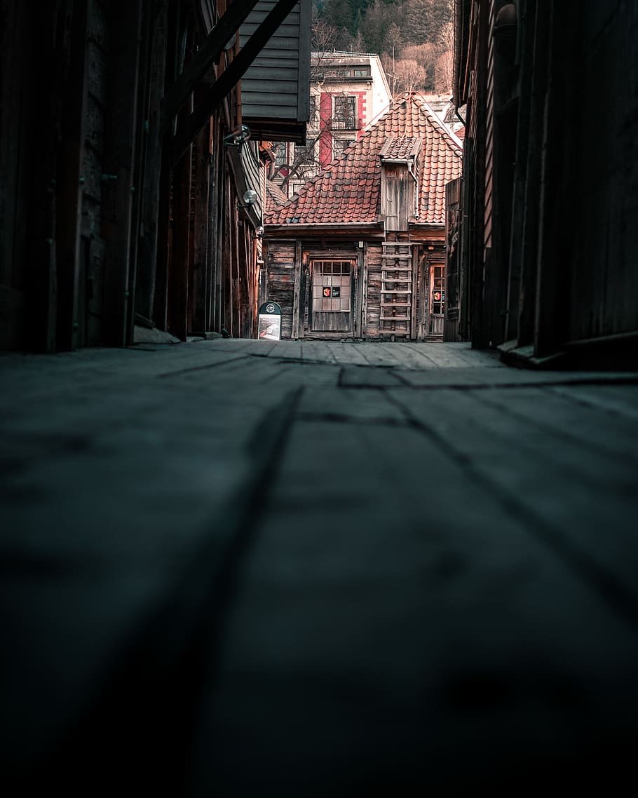 pathway between house during daytime, urban, city, building, town HD wallpaper
