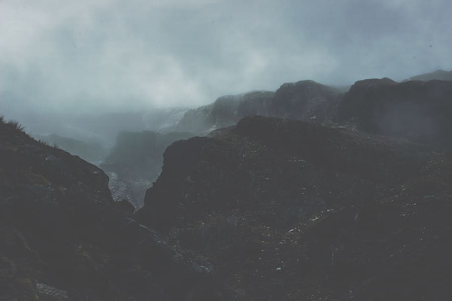 mountain, landscape, sky, clouds, fog, plant, tree, grass, nature HD wallpaper