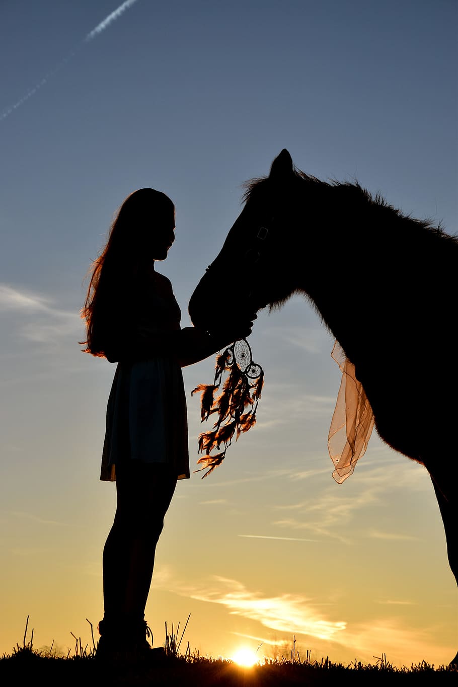 Woman Holding Her Horse, adult, backlit, child, dawn, dream catcher, HD wallpaper