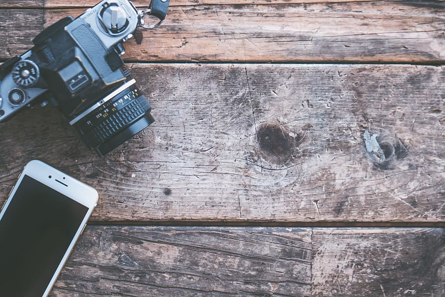 Flat-lay Photography of Iphone and Slr Camera, cellphone, devices HD wallpaper