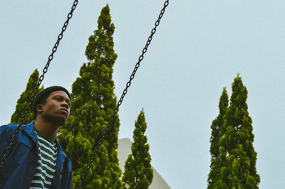 man sitting on swing, human, person, plant, tree, outdoors, toy HD wallpaper