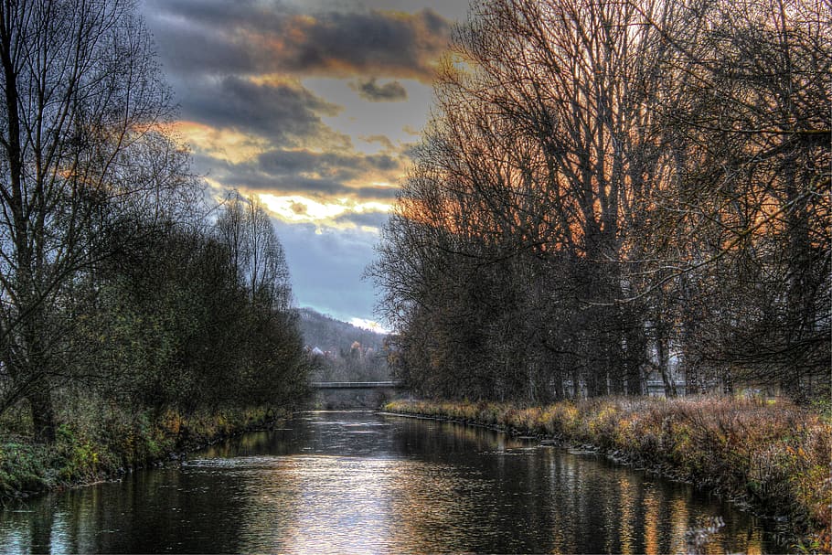 River in Between Forest, clouds, cloudy, dawn, grass, idyllic HD wallpaper
