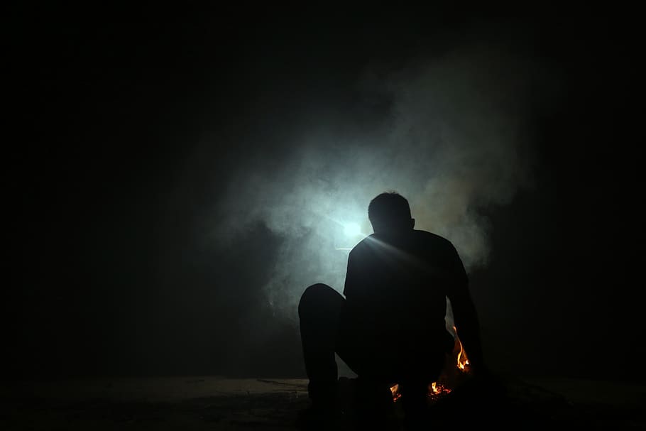 smoke, fire, man, silhouette, light, coal, apocalypse, destruction HD wallpaper