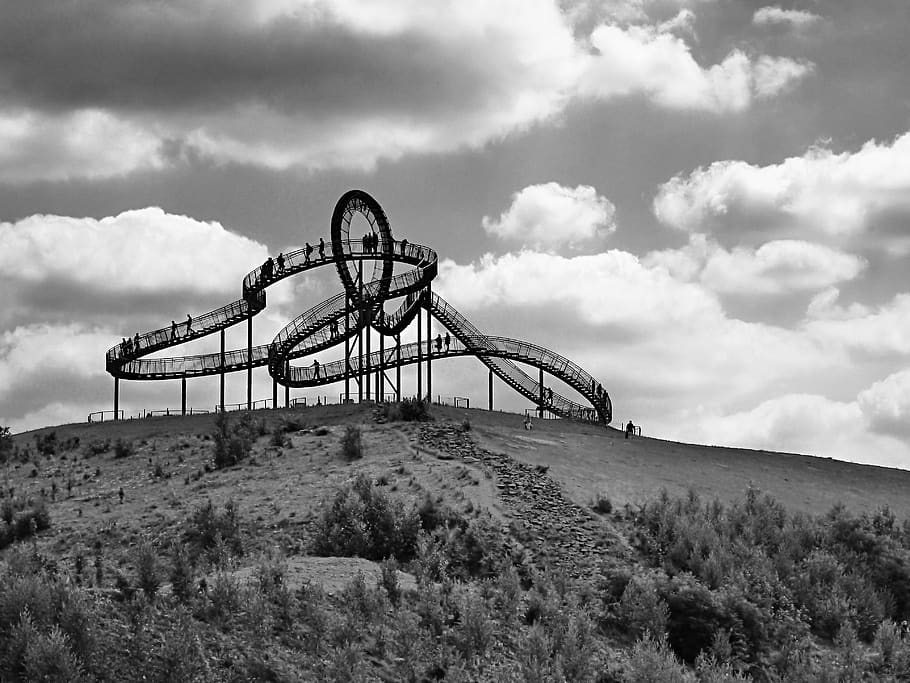 Black Roller Coaster in Grey Scale Photography, black-and-white HD wallpaper