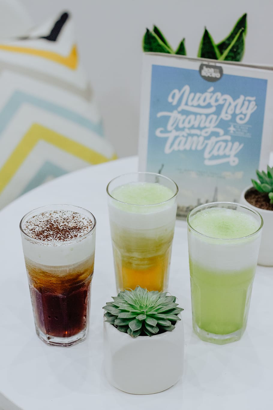 three filled clear drinking glasses beside succulent, food and drink HD wallpaper