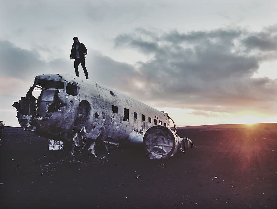 aeroplane, dc3, iceland, beach, blackbeach, sky, air vehicle HD wallpaper