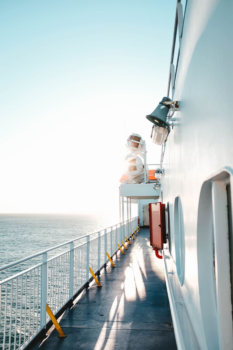 white and red boat hallway, sea, ocean, transport, ferry, ship, HD wallpaper