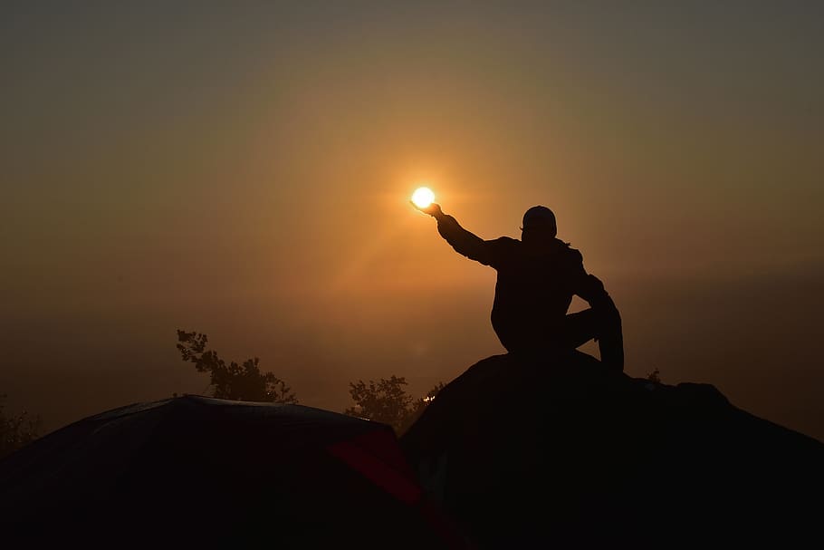 sun, sunset, sky, scene, clouds, ball, silhouette, orange, see HD wallpaper