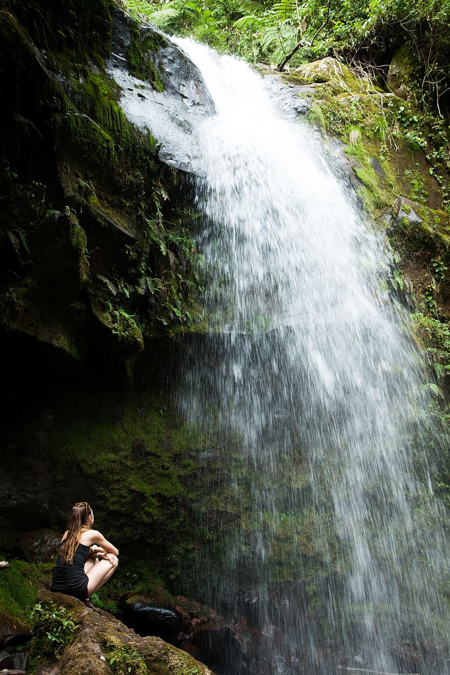 Photo of Woman Sitting on Rock Facing the Waterfalls, adventure HD wallpaper