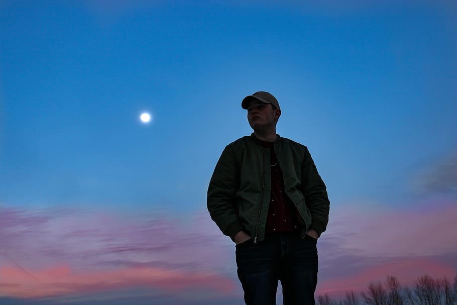 Man Wearing a Gray and Black Jacket, clouds, evening, landscape HD wallpaper