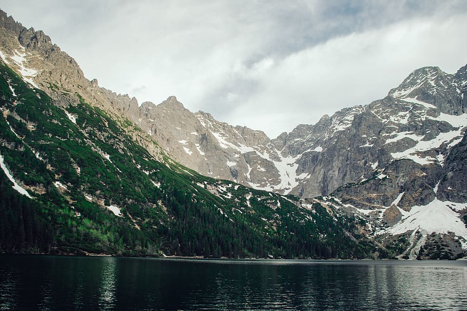 mountain, mountains, green, snow, hill, lake, morskie oko, poland, HD wallpaper