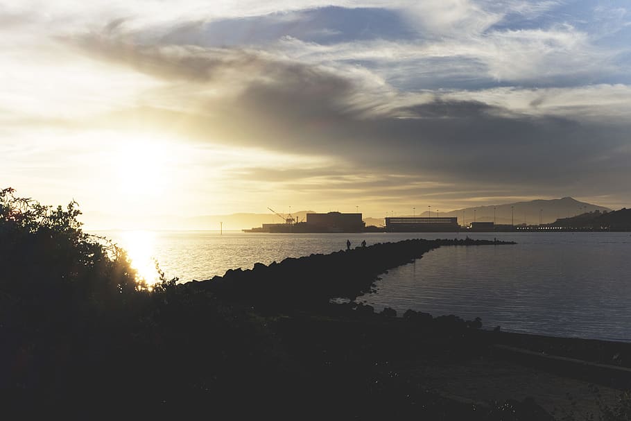 marina, harbor, gold, light, sunset, clouds, glare, california HD wallpaper
