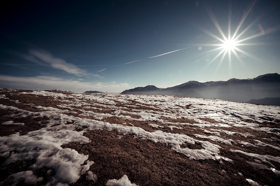snow, sky, landscape, sunset, water, color image, outdoors HD wallpaper