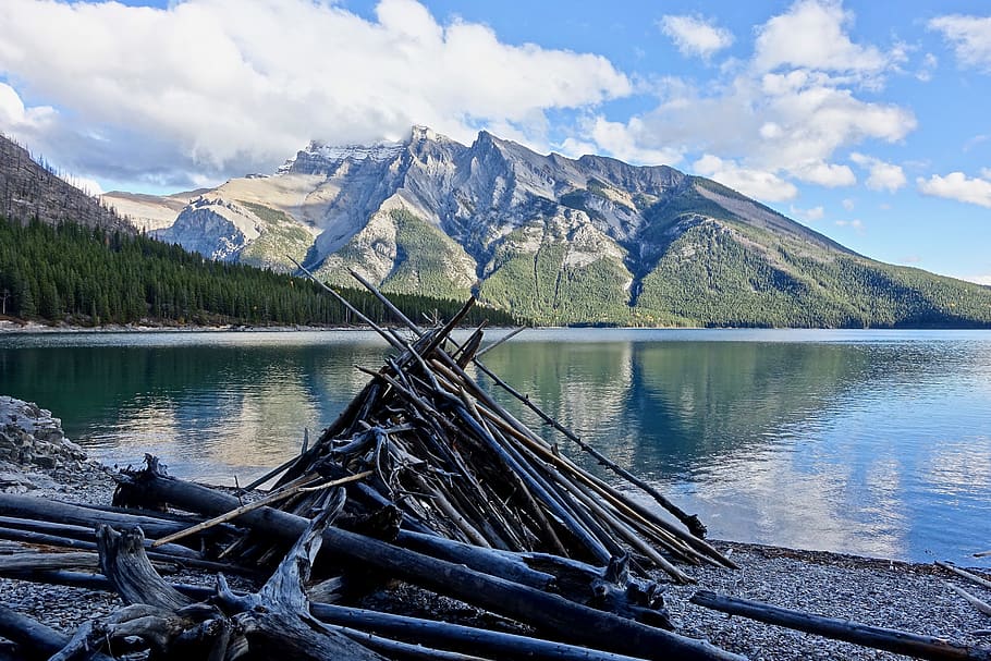 reflections, perspective, mountains, shoreline, mirroring, nature HD wallpaper