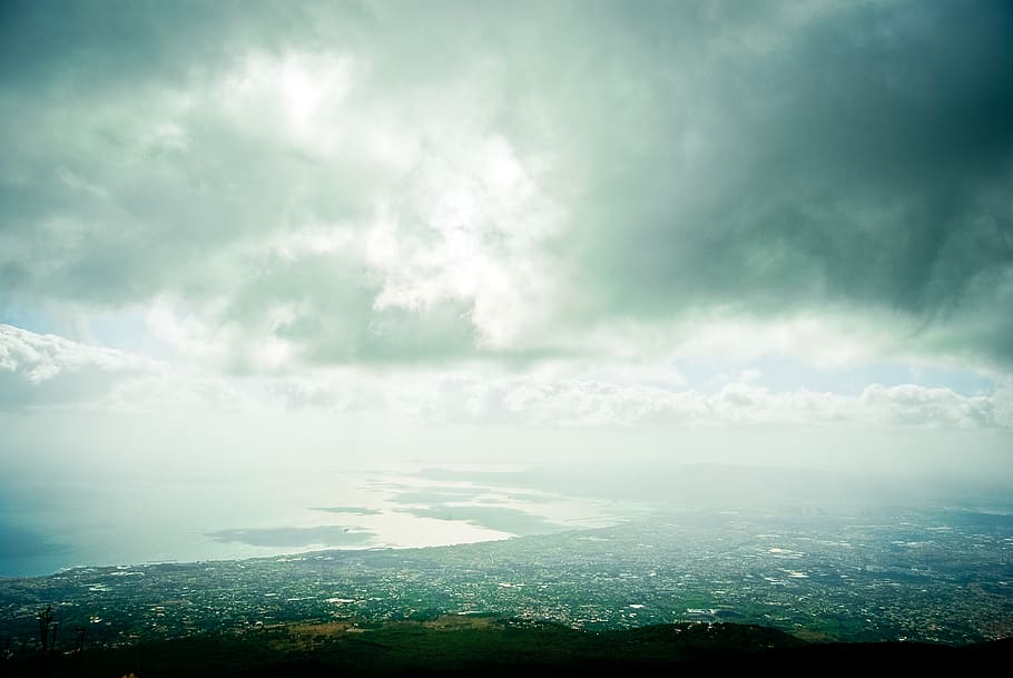 italy, mount vesuvius, clouds, sea, moutnain, up above, panorama HD wallpaper