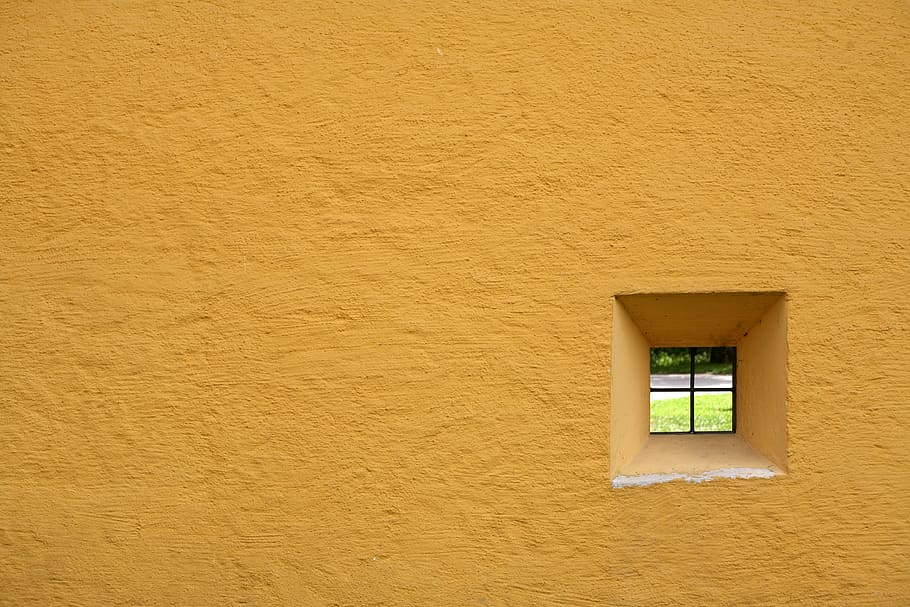 glass window pane with yellow concrete wall, hole, background HD wallpaper
