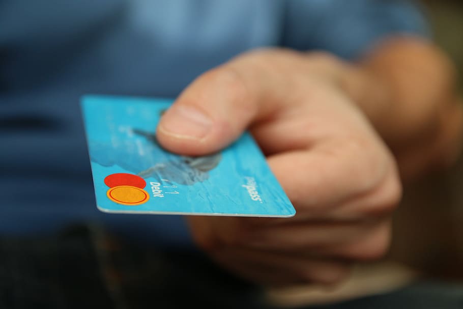 Person Holding Debit Card, bank, banking, blue, businessman, buy, HD wallpaper