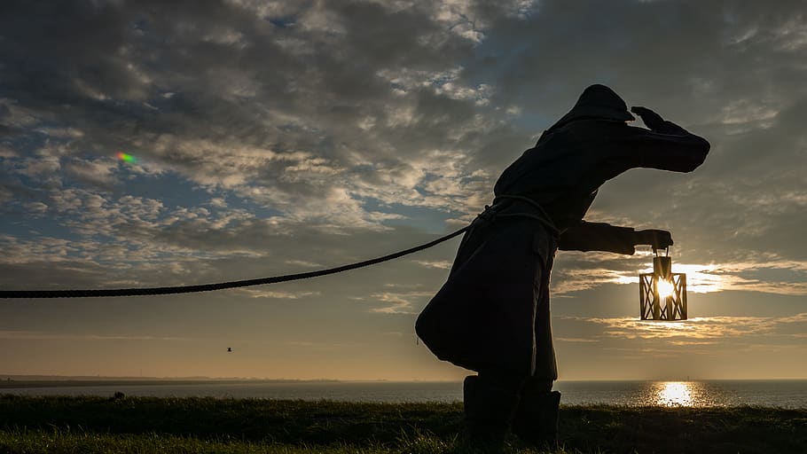 dike, sunrise, cloud, coast, sea, statue, silhouette, bird HD wallpaper