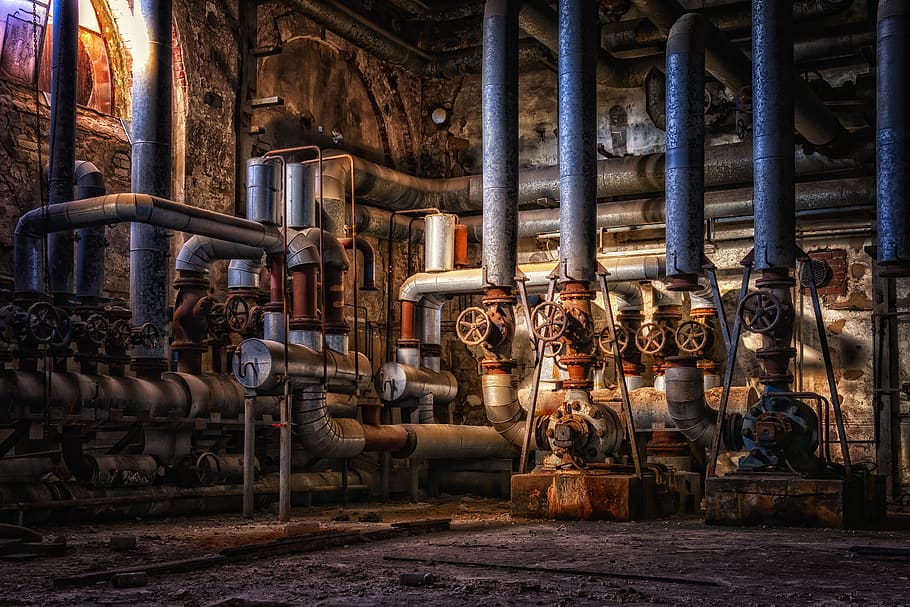 lost places, keller, hall, pipes, valve, plant, gloomy, mystical, HD wallpaper