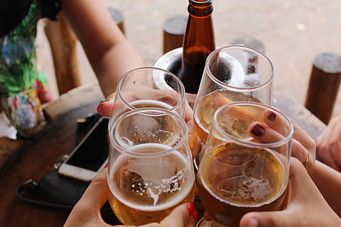 four clear stemless glasses, beer, drink, alcohol, beverage, beer glass HD wallpaper
