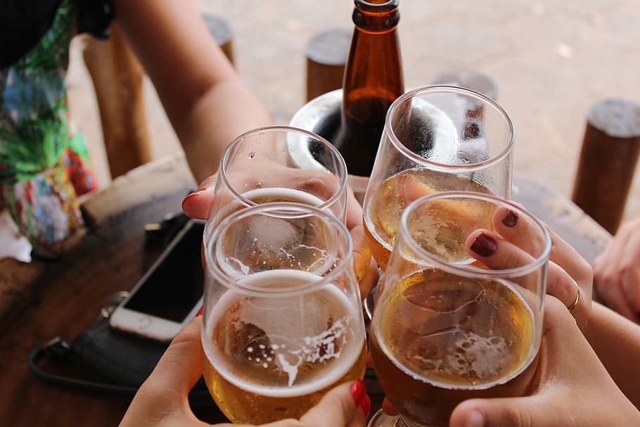 four clear stemless glasses, beer, drink, alcohol, beverage, beer glass HD wallpaper