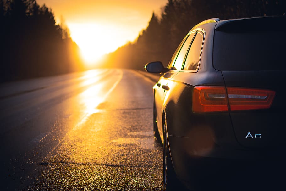 car parked on road, sunset, mode of transportation, motor vehicle HD wallpaper