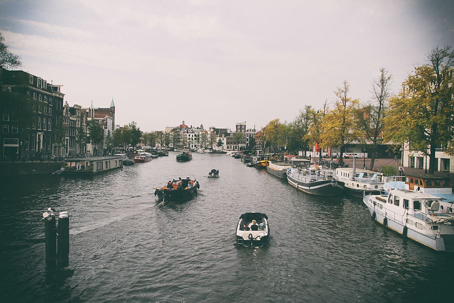 river and boats under grey clouds, amsterdam, ship, nautical vessel HD wallpaper