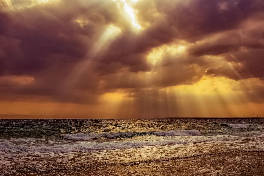 sunset, sea, beach, water, horizon, coast, landscape, evening HD wallpaper