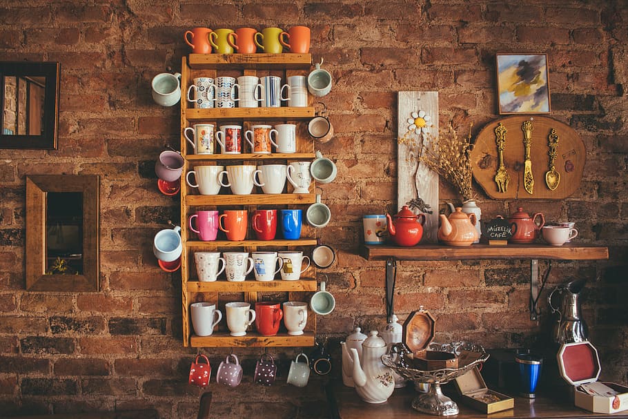 Assorted-color Mugs on Brown Wooden Floating Rack, antique, architecture, HD wallpaper