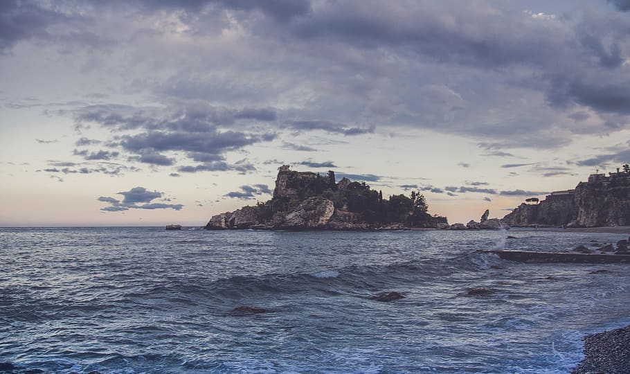 Brown Rocky Island View, bay, beach, castle, clouds, dawn, evening HD wallpaper