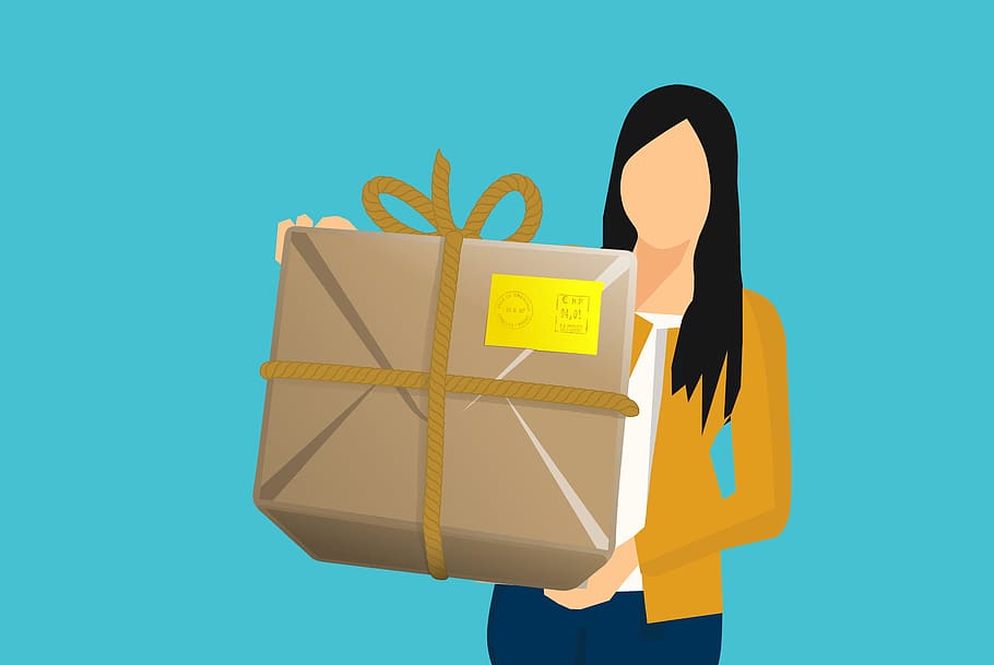 Illustration of woman holding a wrapped package after shipping.