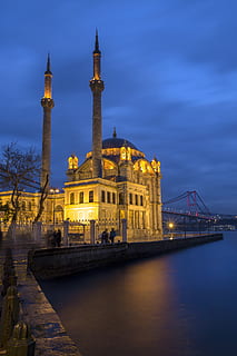 Ortakoy Mosque, ancient, architecture, blue, blue mosque, bridge HD wallpaper
