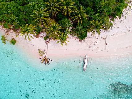 bird's-eye photography of boat on island, water, ocean, tree HD wallpaper