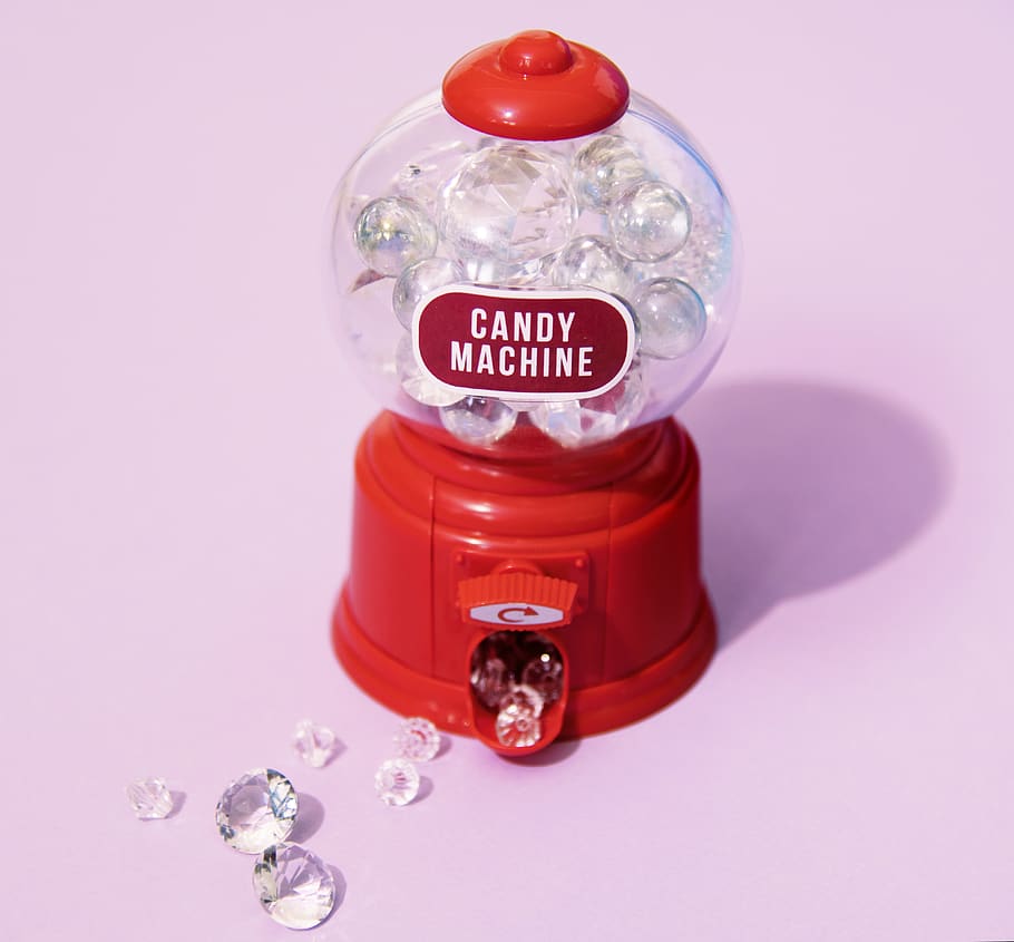 Red Candy Machine and Clear Gemstone Lot, background, close-up HD wallpaper