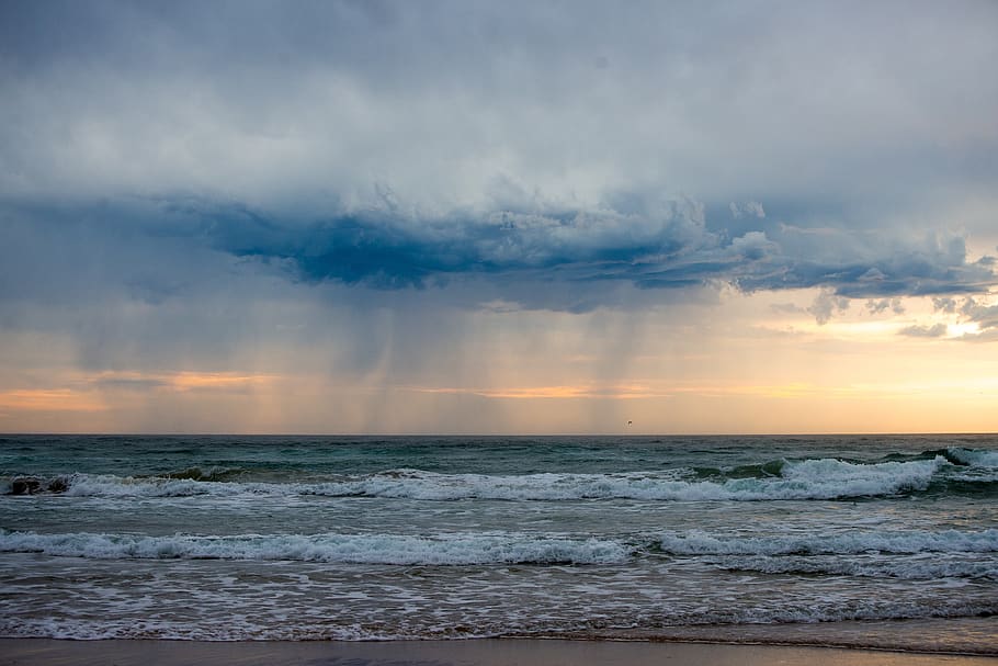 rain, storm, clouds, grey, sunrise, beach, waves, morning, sea HD wallpaper