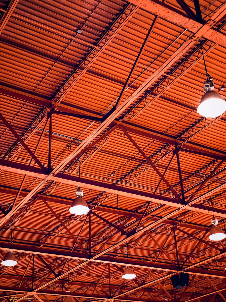 lighted pendant lamps, light fixture, roof, steel, canopy, lighting HD wallpaper