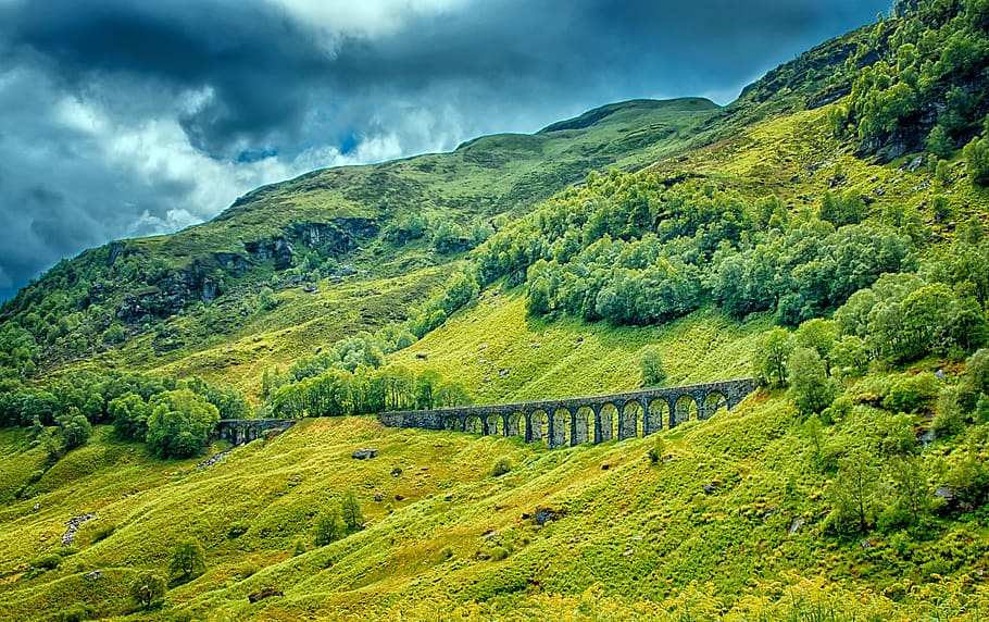 Gray Bridge on Hill Near Trees, architecture, clouds, daylight HD wallpaper
