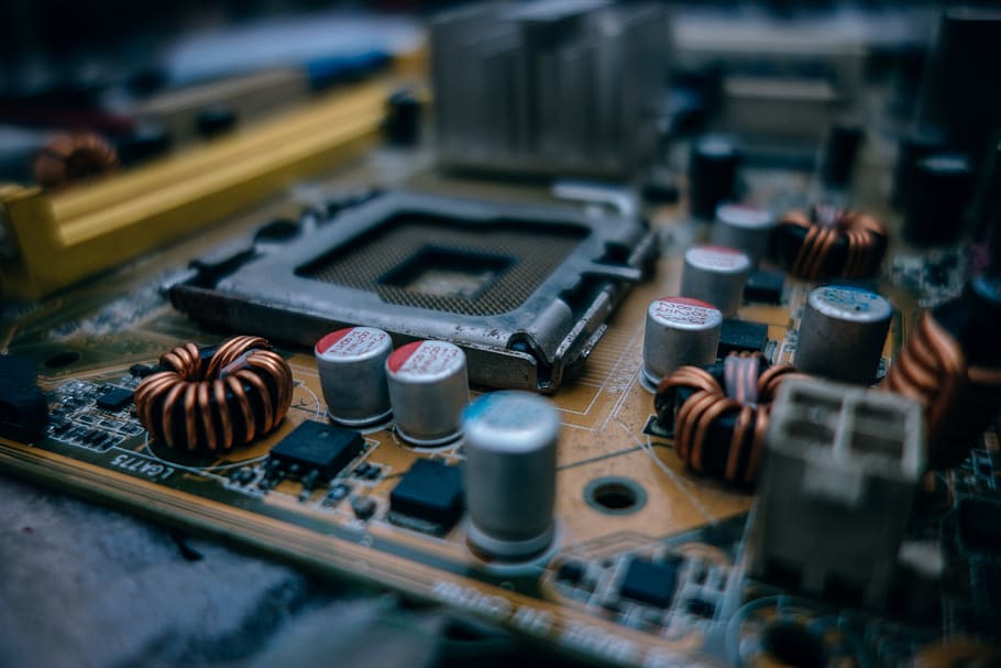 Selective Focus Photography of Computer Motherboard, blur, capacitors