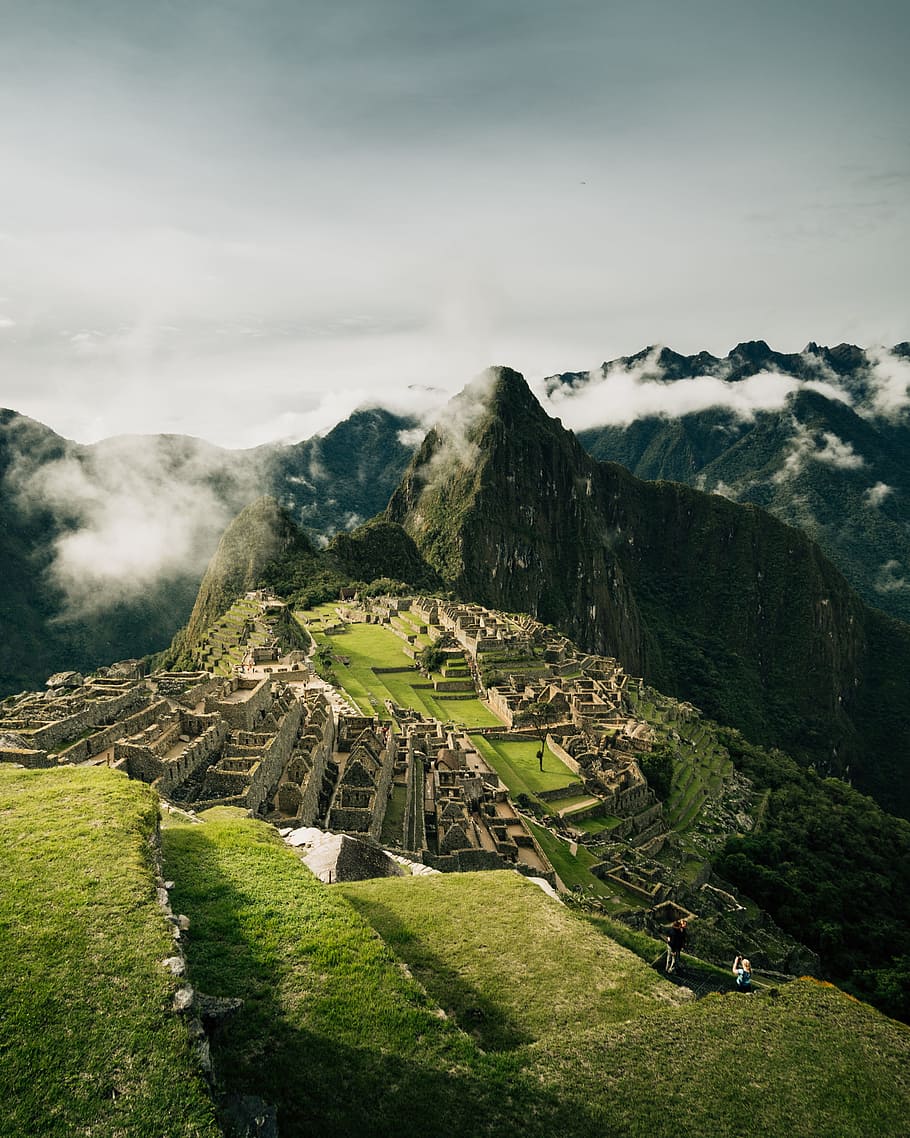 Machu Picchu, drone view, aerial view, mountain, building, mist