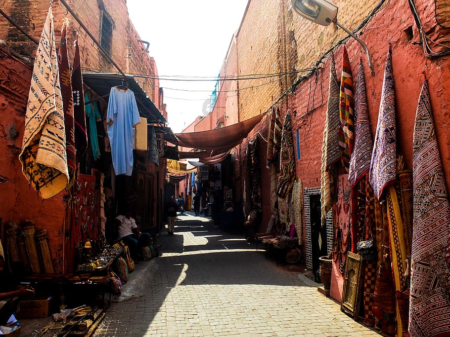 morocco, marrakesh, street, africa, shop, carpet, the way forward, HD wallpaper