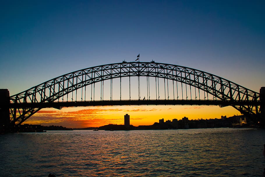 sunset, bridge, sea, bay, architecture, city, sydney, sky, bridge - man made structure HD wallpaper
